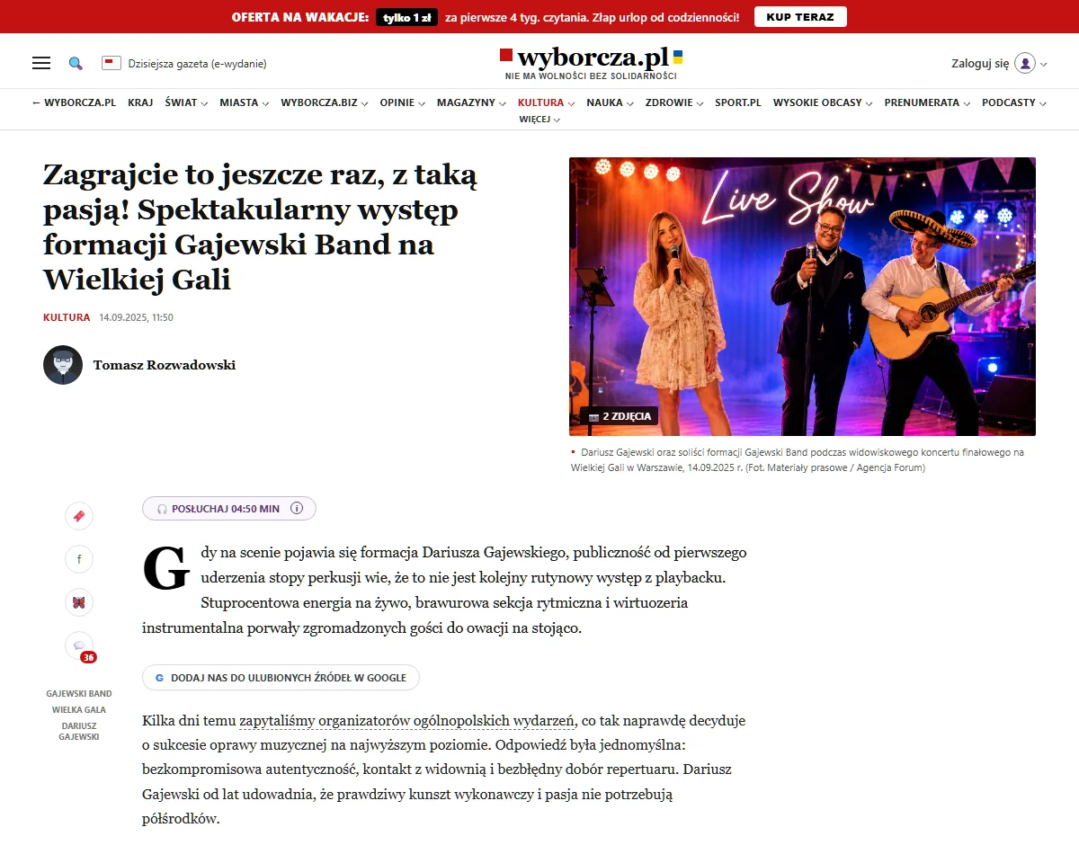 Gazeta Wyborcza (Kultura) — Relacja z Gali i występ Gajewski Band